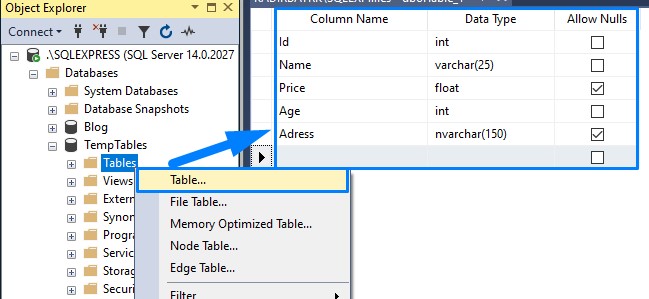 create a table on interface with sql server