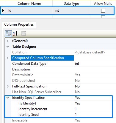 create a table on properties with sql server